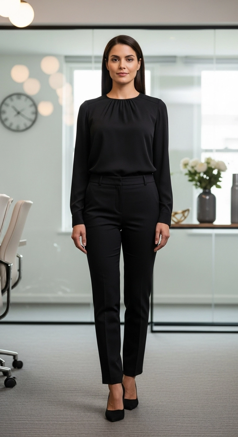 Woman wearing interview outfits in a clean all-black ensemble in a modern office setting.