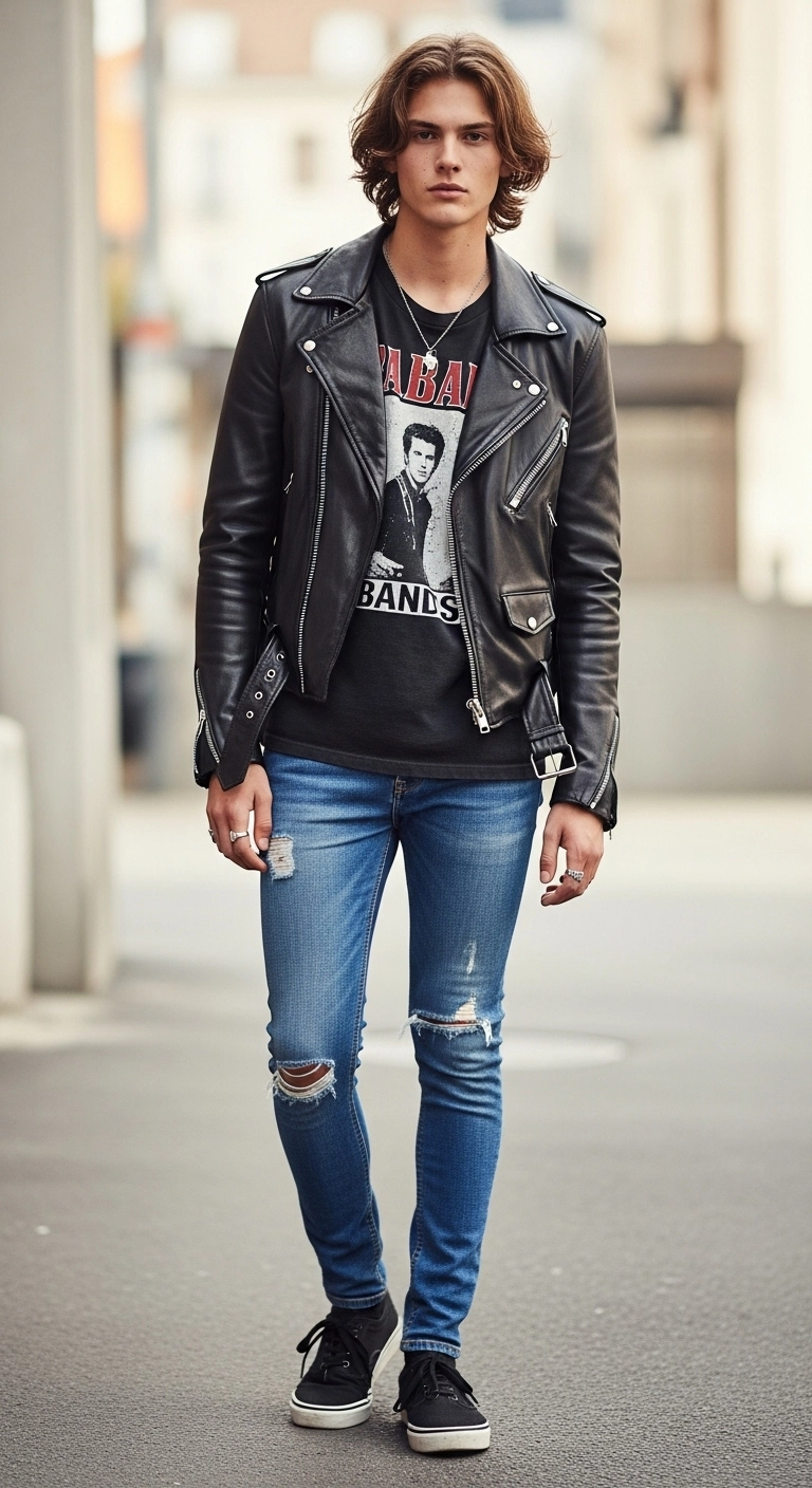 Young adult wearing a band t-shirt under a leather jacket with ripped jeans, showcasing a stylish grunge outfit inspired by music culture.