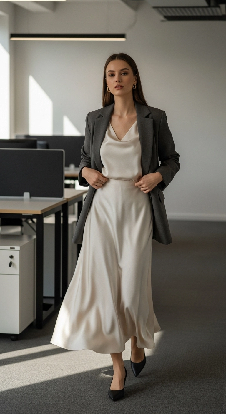 Woman wearing a satin skirt outfit paired with a blazer for a polished and balanced office-ready look.