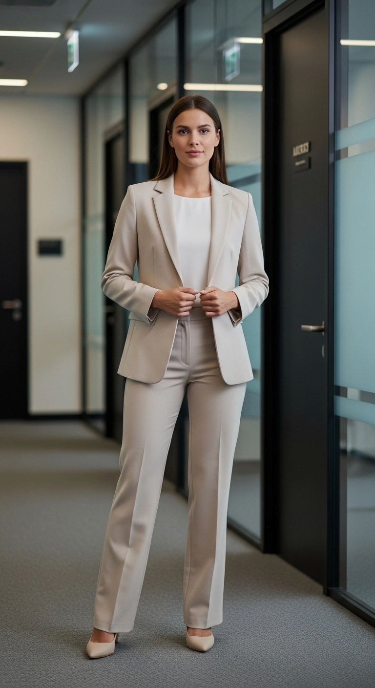 Woman wearing interview outfits including a simple blazer and straight-leg pants in a modern office setting.