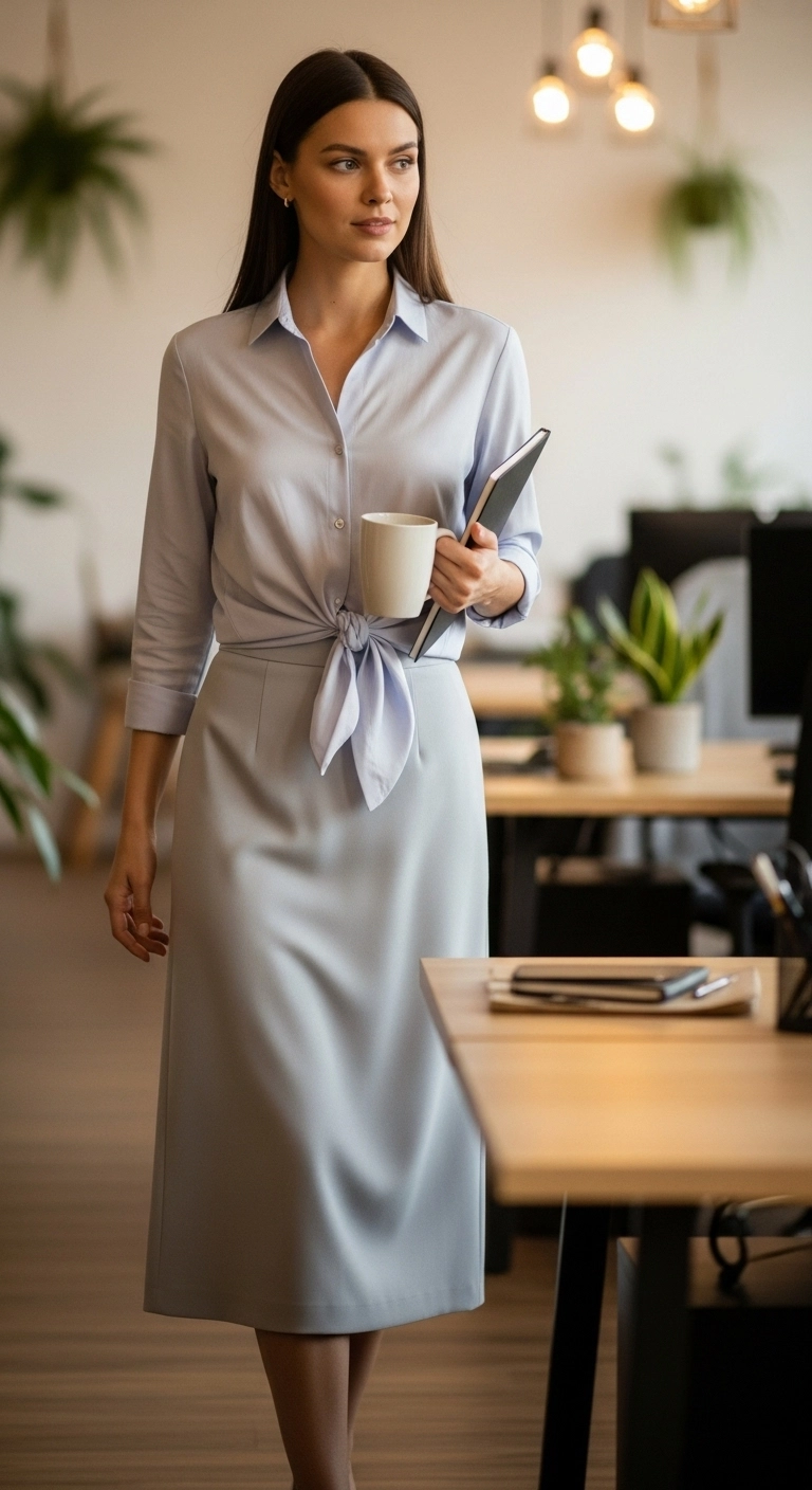Woman wearing a button-down shirt with a midi skirt in an office, showcasing casual work outfit ideas for women.