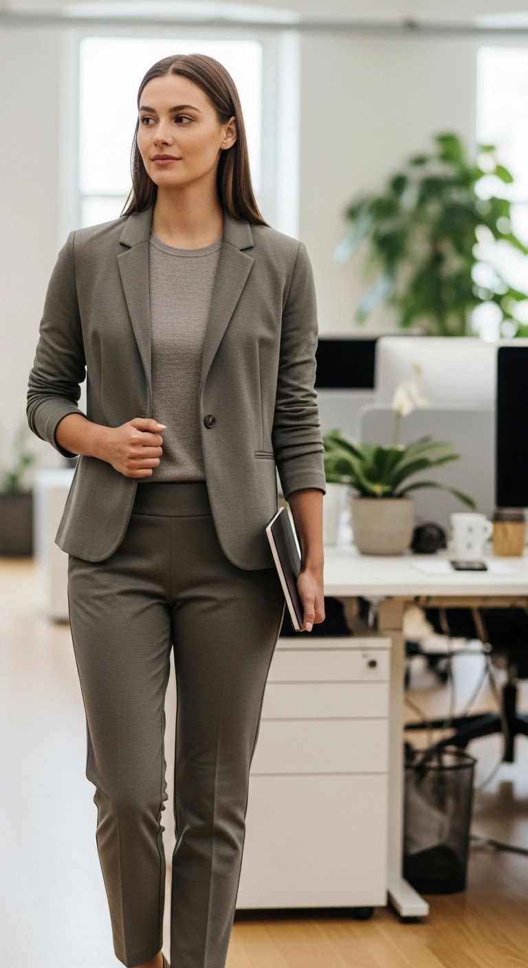 Woman wearing a casual blazer with trousers in an office, showcasing casual work outfit ideas for women.