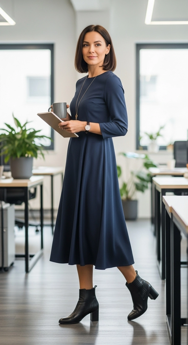 Woman wearing a casual dress with ankle boots in an office, showcasing casual work outfit ideas for women.
