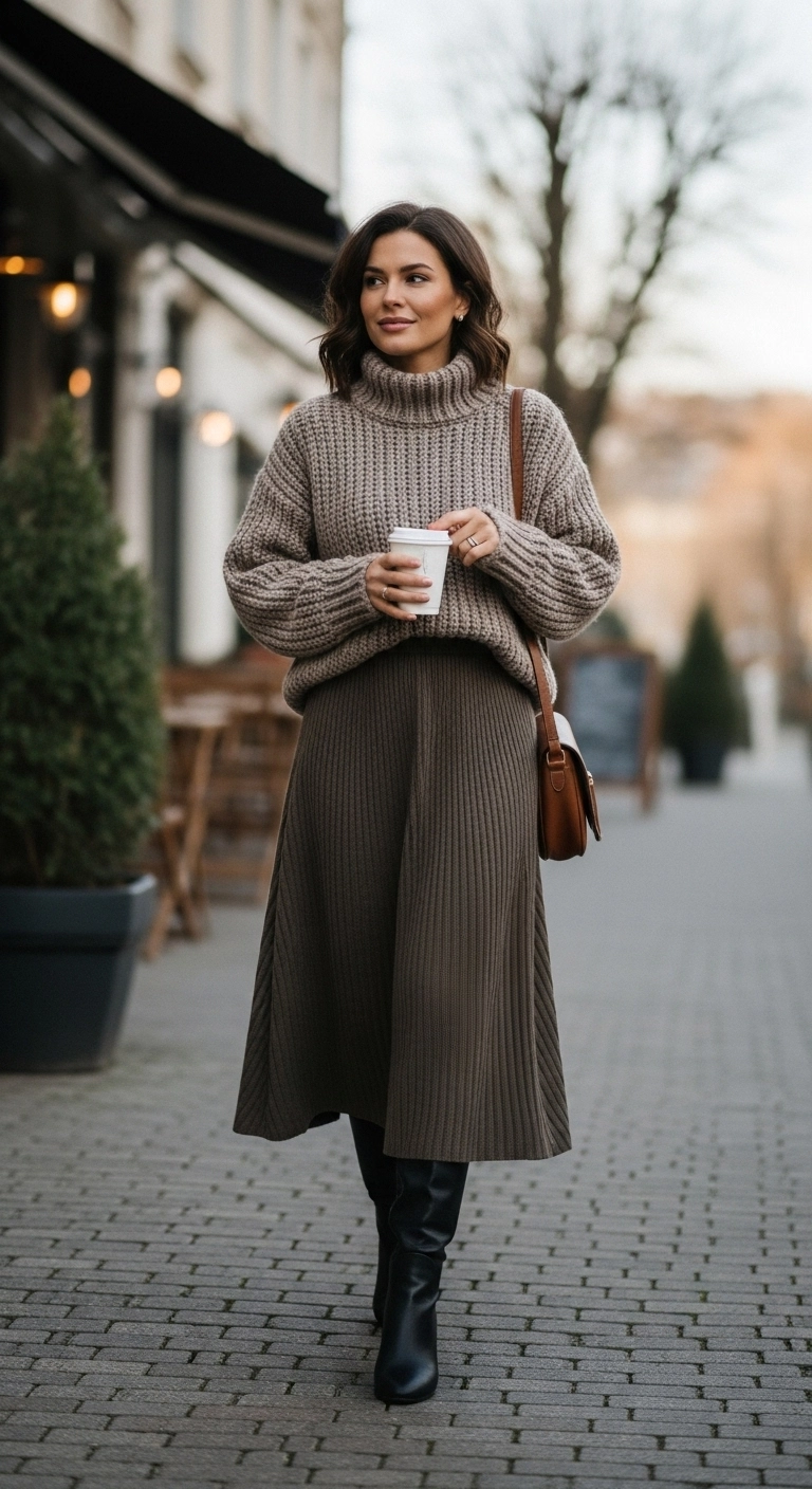 Woman wearing a chunky knit sweater with a midi skirt and boots in a casual winter outfit.