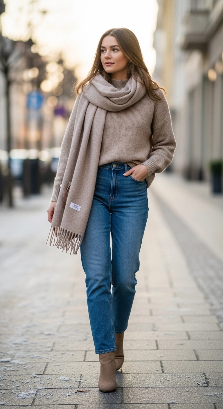 Young woman wearing a cozy sweater with straight-leg jeans and ankle boots in a casual winter outfit on a city street.