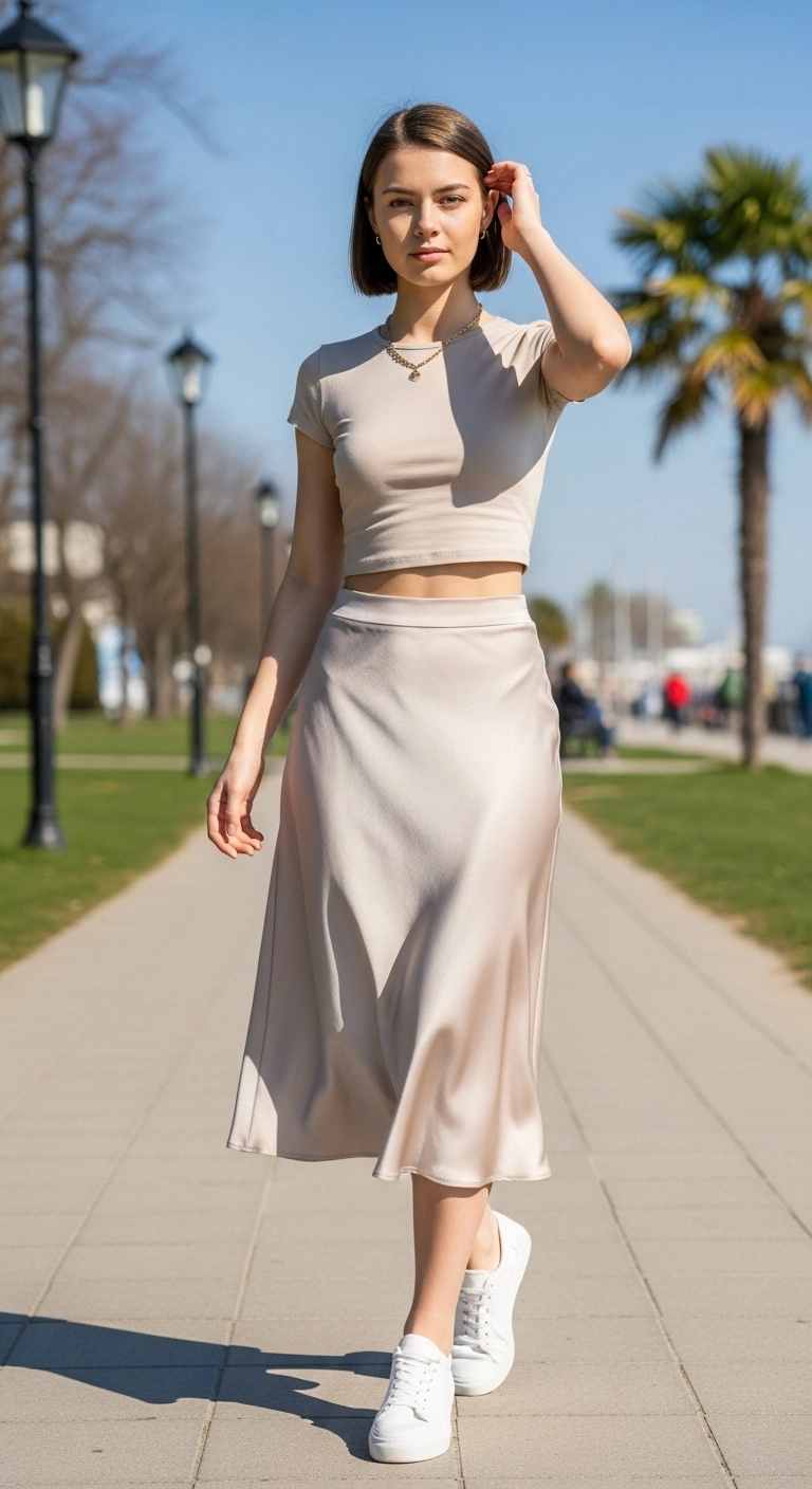 Woman wearing a satin skirt outfit paired with a crop top for a breezy warm-season style.