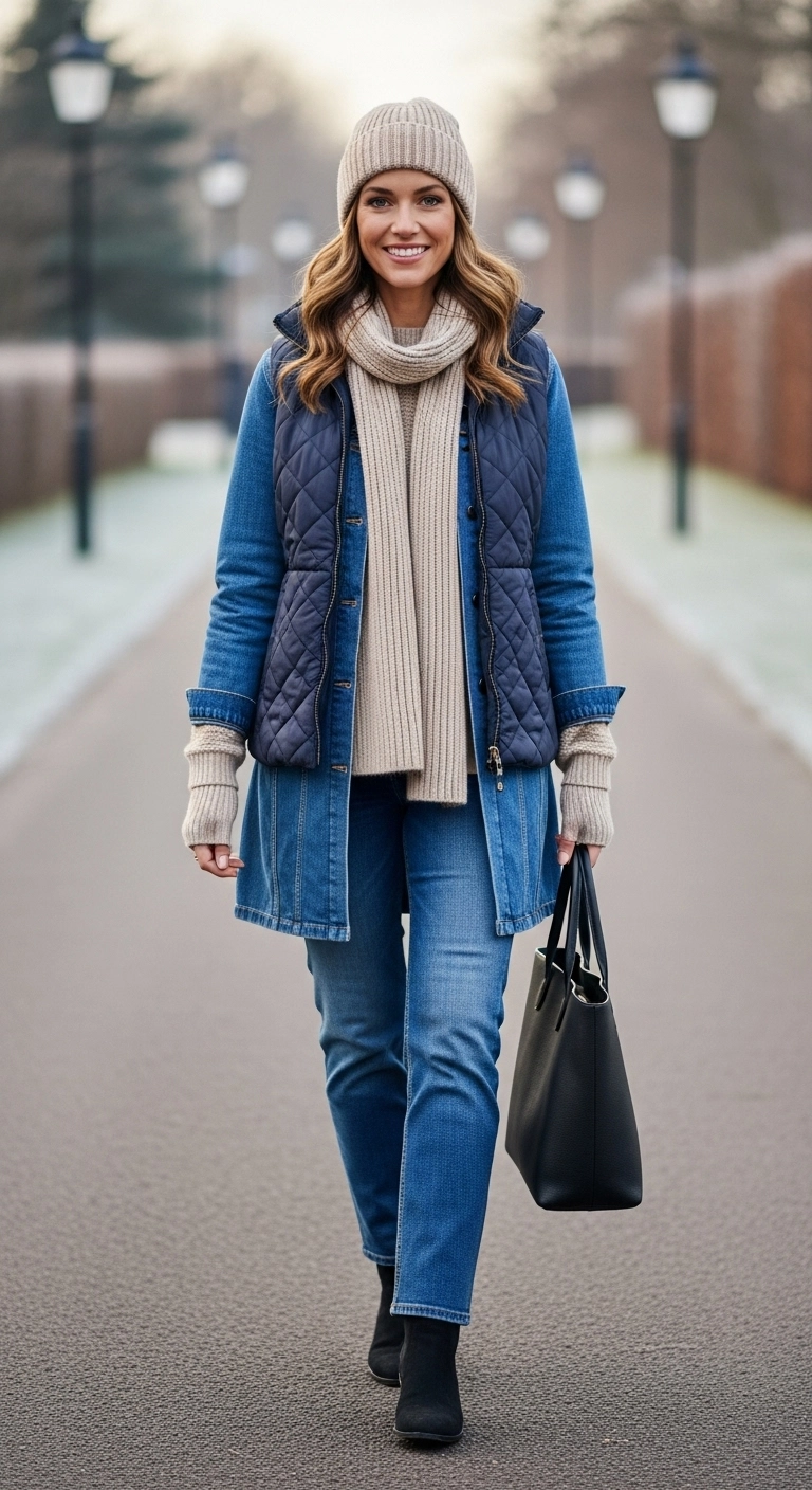 Woman wearing a denim jacket with a quilted vest, jeans, and winter accessories in a casual layered winter outfit.