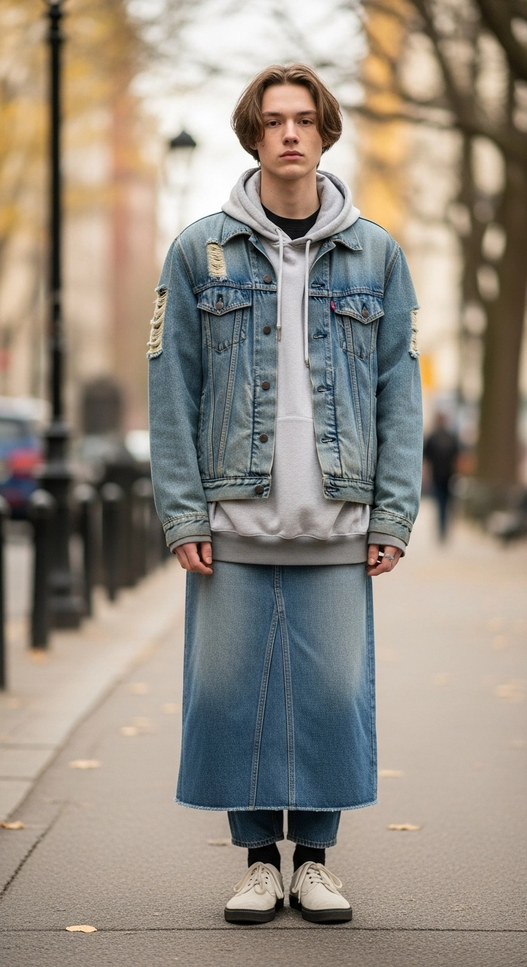 Young adult wearing a denim jacket over a hoodie with jeans, showcasing a layered grunge outfit in a realistic urban street setting.