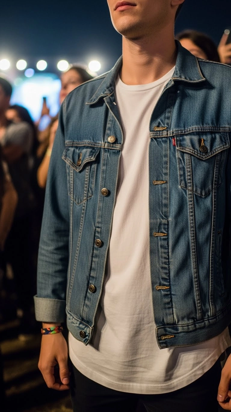 Person wearing a denim jacket and relaxed tee at a concert, showing simple and comfortable concert outfits.