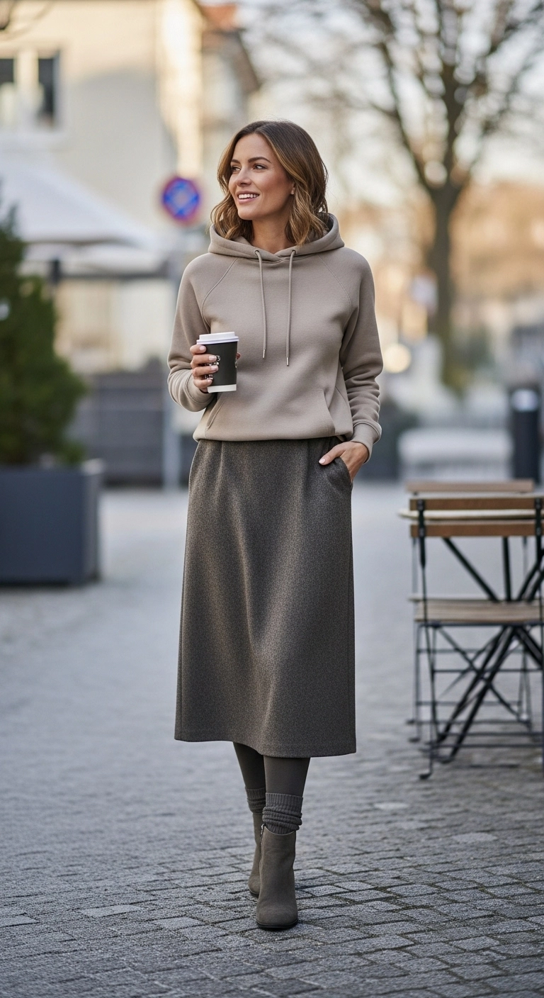 Woman wearing a hoodie with a wool skirt, leggings, and boots in a casual winter outfit.