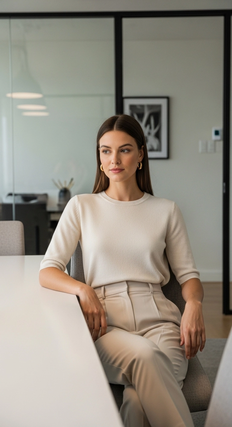 Woman wearing interview outfits with a smooth knit top and high-rise pants in a modern office setting.