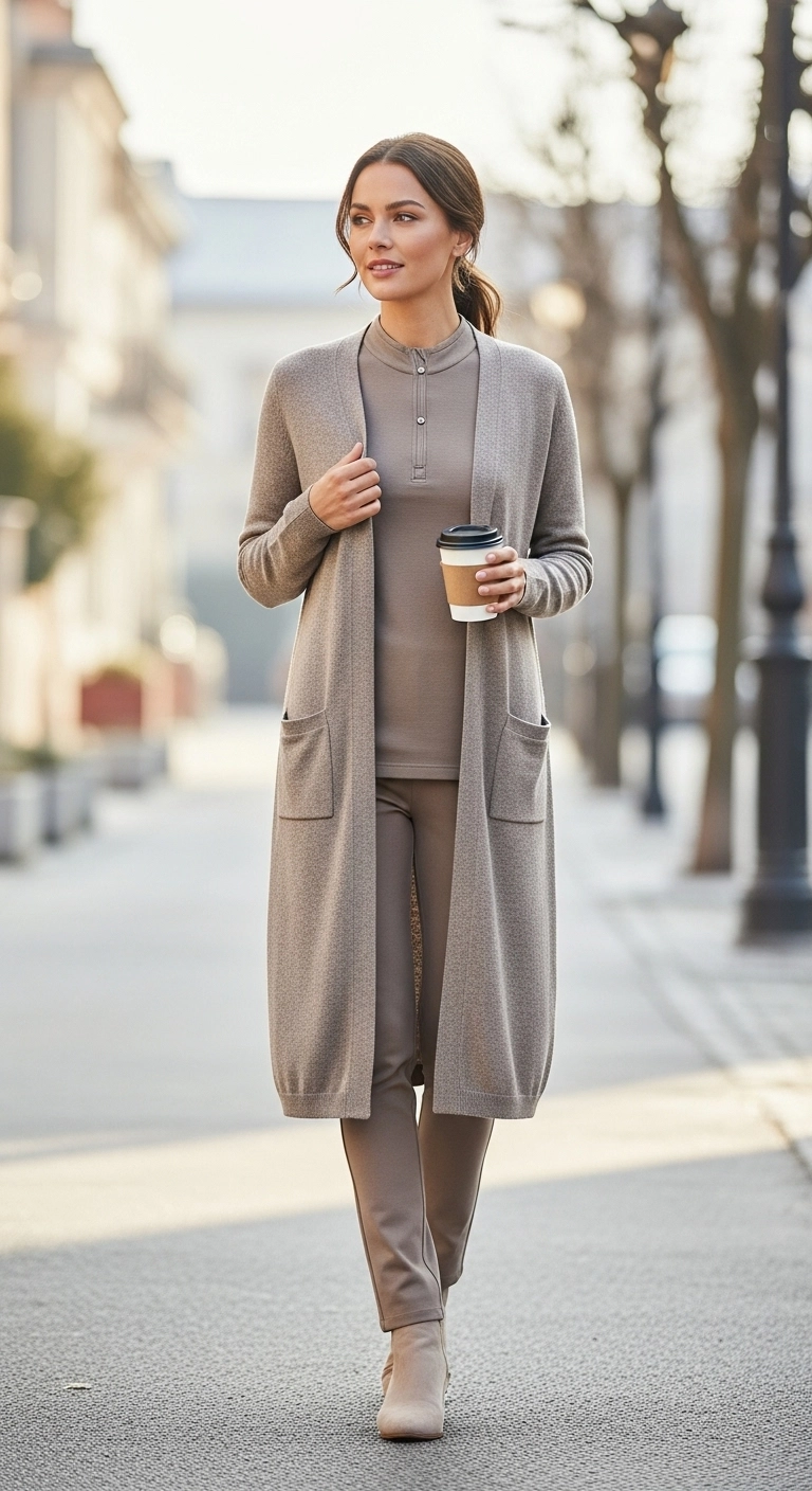 Woman wearing a long cardigan over a thermal top with slim-fit pants in a casual layered winter outfit.