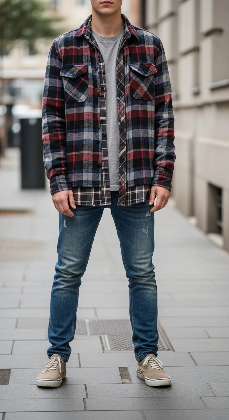 Young adult wearing a layered plaid shirt over a t-shirt and worn-in jeans, showcasing a stylish grunge outfit on an urban street.