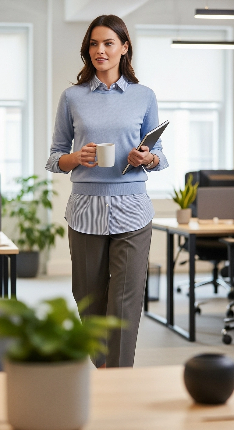 Woman wearing a layered shirt under a light sweater in an office, showcasing casual work outfit ideas for women.
