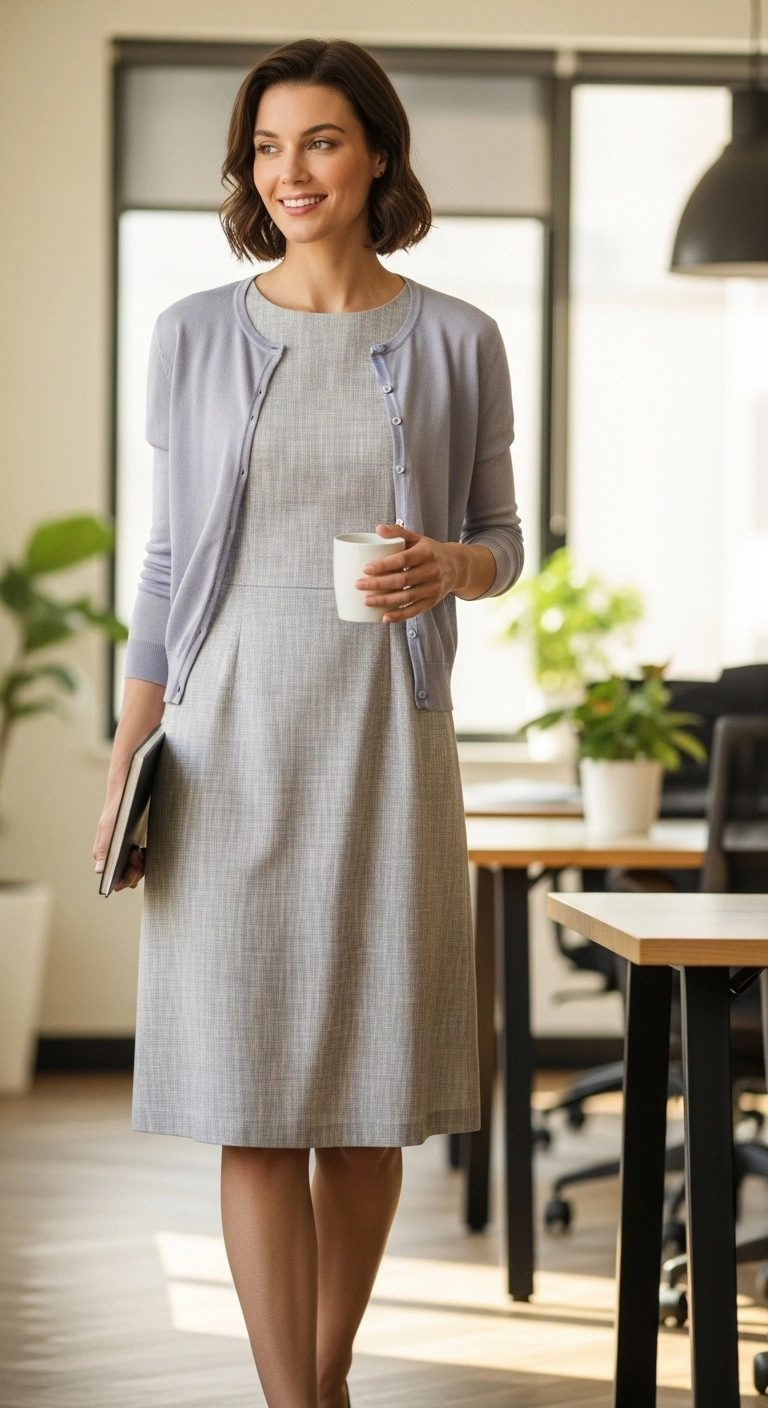 Woman wearing a lightweight cardigan over a dress in a modern office, showing casual work outfit ideas for women.