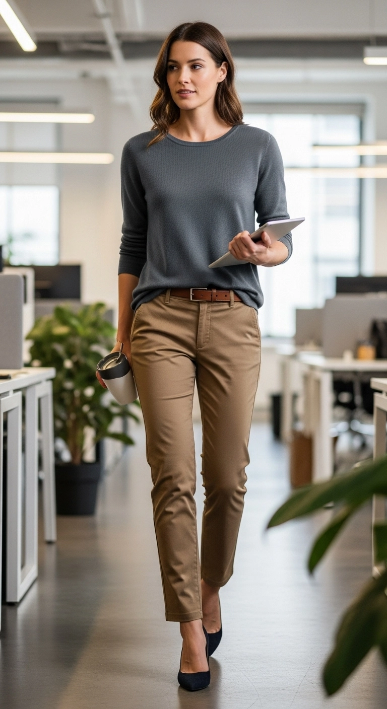 Woman wearing a lightweight pullover with chinos in an office, showcasing casual work outfit ideas for women.