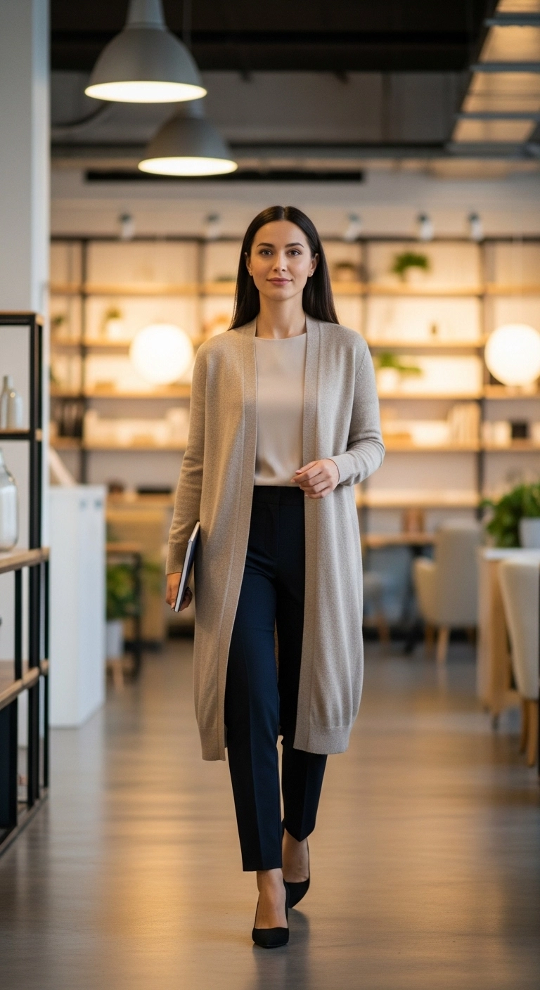 Woman wearing interview outfits with a long cardigan layered over a clean base top in a creative office.