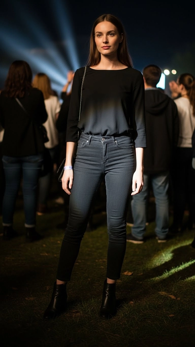 Person wearing a loose button-up and simple pants at a concert, showing relaxed and easy-flow concert outfits.