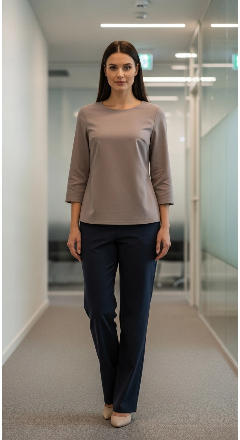 Woman wearing interview outfits featuring a tailored matching set in a modern office hallway.