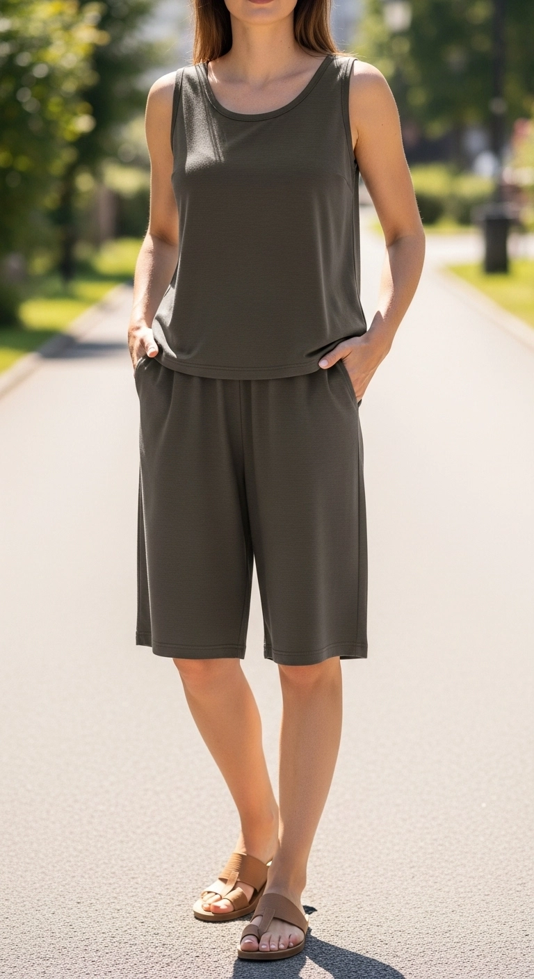 Woman wearing a matching summer set outdoors, showing trendy summer outfit ideas with a clean and simple coordinated look.