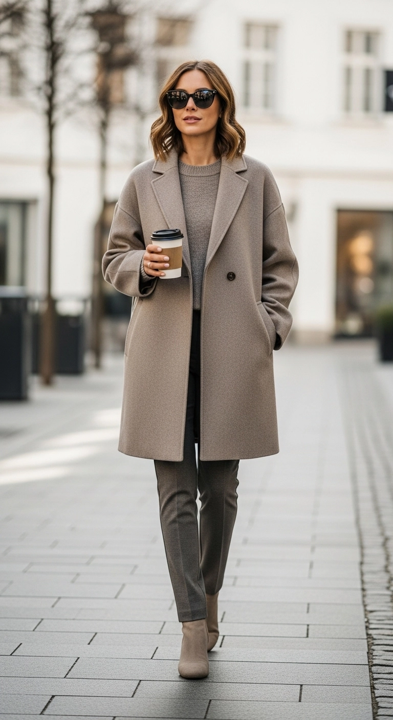 Woman wearing an oversized coat with fitted trousers and a sweater in a casual winter outfit.