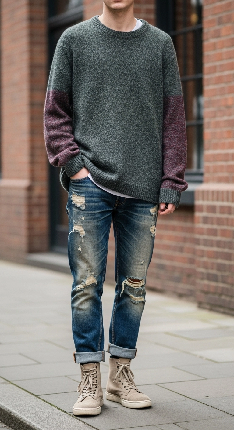 Young adult wearing an oversized muted sweater with vintage distressed jeans and boots, showcasing a comfortable grunge outfit.