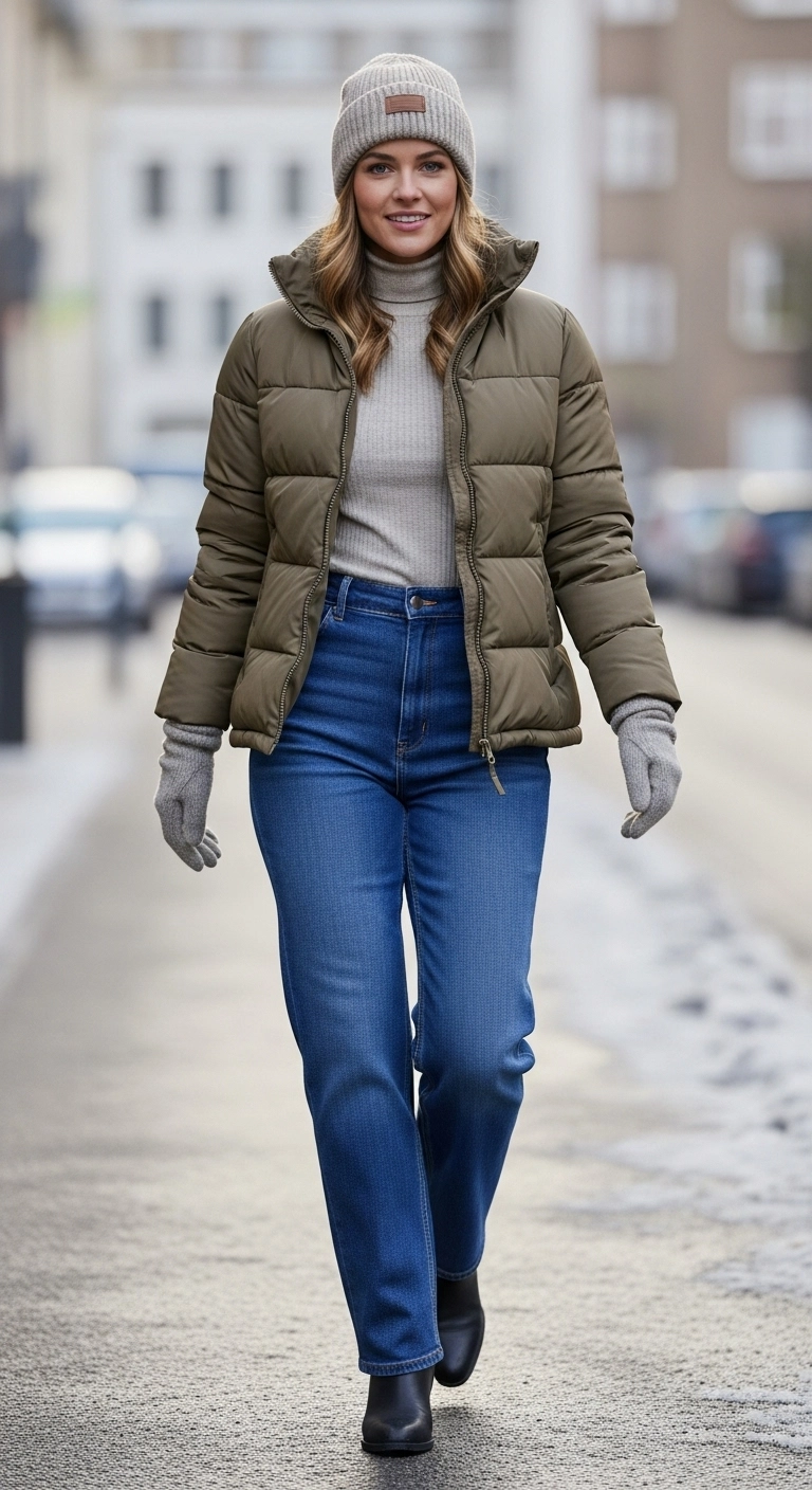 Woman wearing a puffer jacket with high-waist pants, turtleneck, beanie, and gloves in a casual winter outfit.