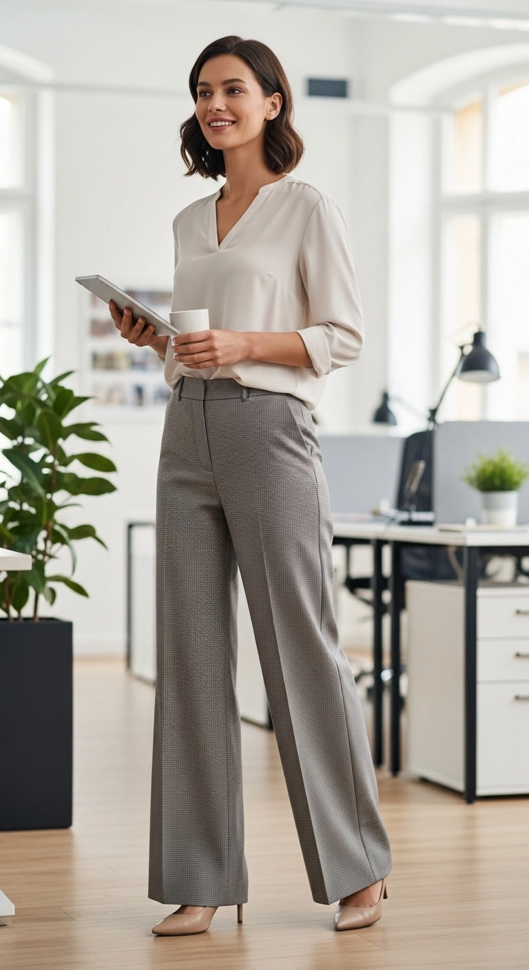 Woman wearing a relaxed blouse with wide-leg pants in an office, showcasing casual work outfit ideas for women.