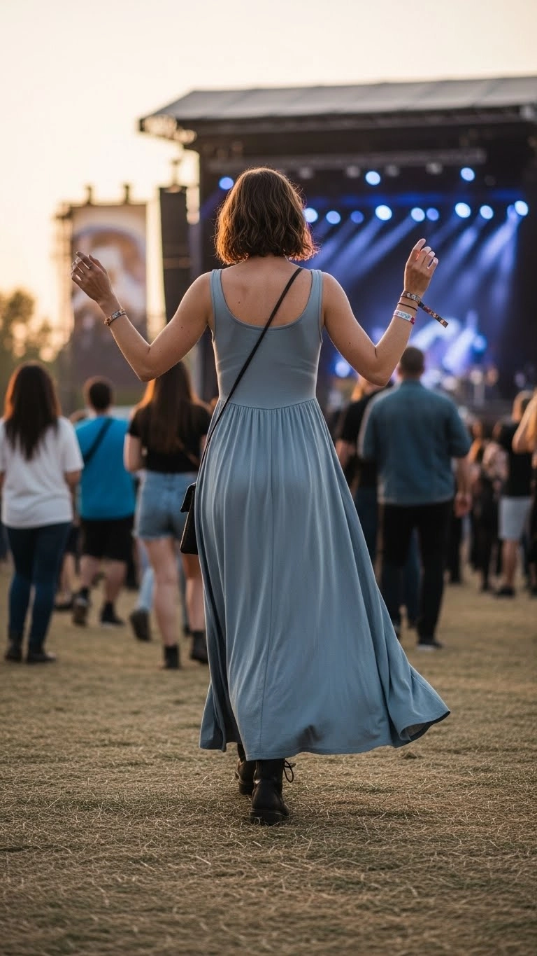 Person wearing a flowing dress at an outdoor concert, showing a simple and comfortable concert outfit for movement.