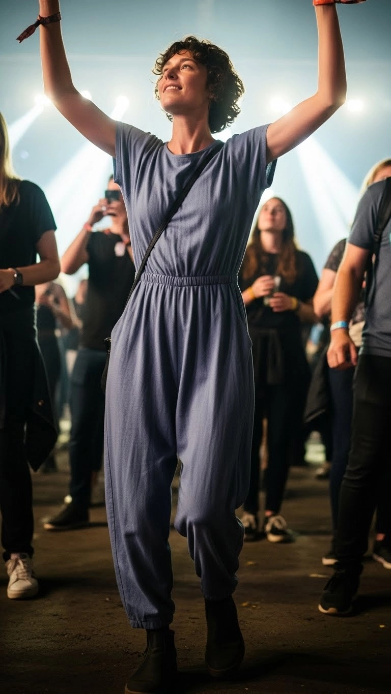 Person wearing a comfortable jumpsuit at a concert, showing practical and easy-to-wear concert outfits for all settings.