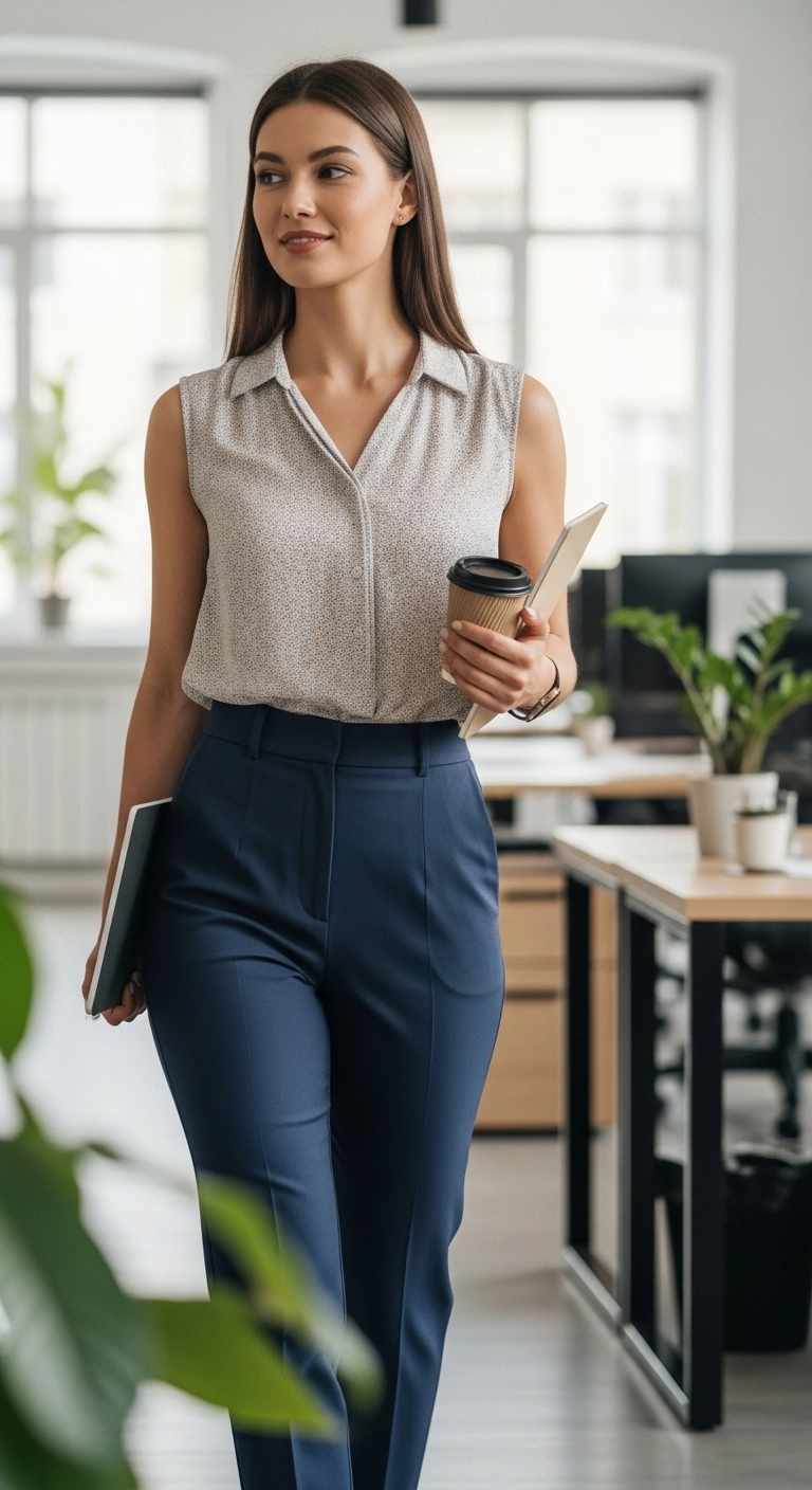 Woman wearing a sleeveless blouse with high-waist pants in an office, showcasing casual work outfit ideas for women.