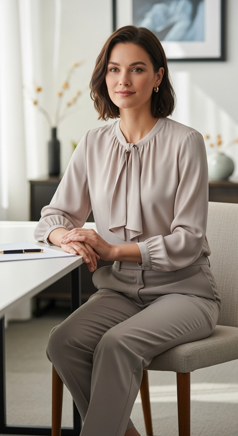 Woman wearing interview outfits featuring a soft blouse and solid pants in a modern office setting.