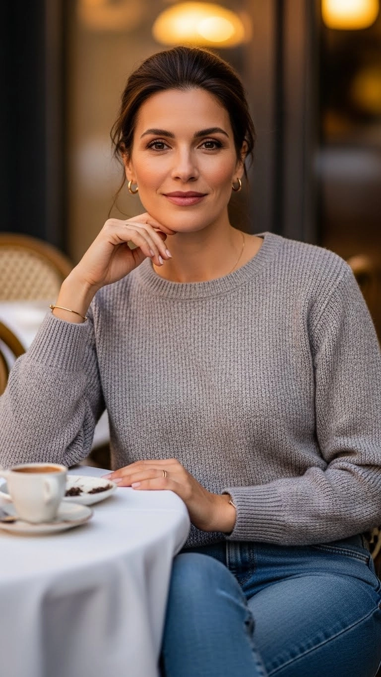 A woman wearing a soft knit top and denim at an outdoor café, showcasing casual date night outfits in a warm and natural setting.