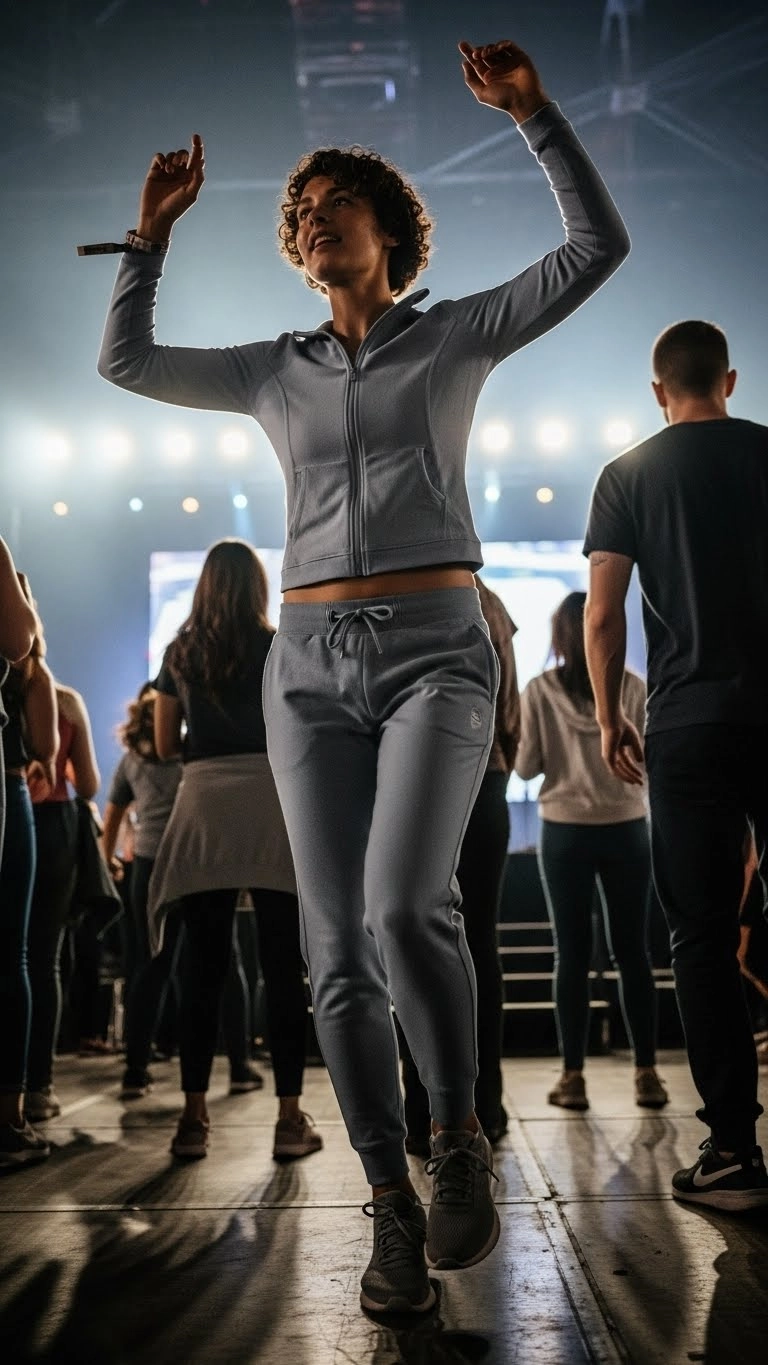 Person wearing jogging pants and a fitted top at a concert, showing practical and comfortable sporty concert outfits for movement.