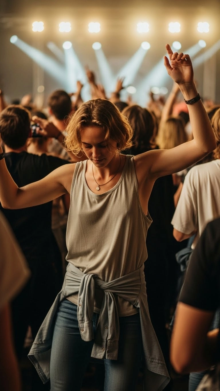 Person wearing a tank top with a layer at a summer concert, showing breathable and practical concert outfits for warm nights.