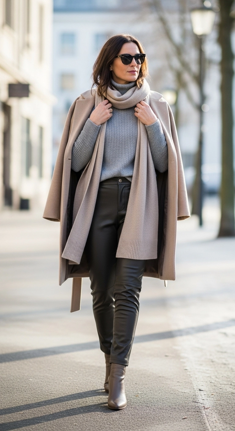 Woman wearing a turtleneck sweater with leather pants and a coat in a casual winter outfit.