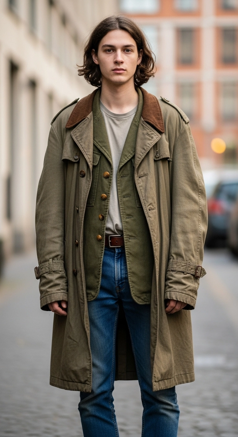 Young adult wearing vintage outerwear over a t-shirt and jeans, showcasing a stylish grunge outfit with personality and worn textures.