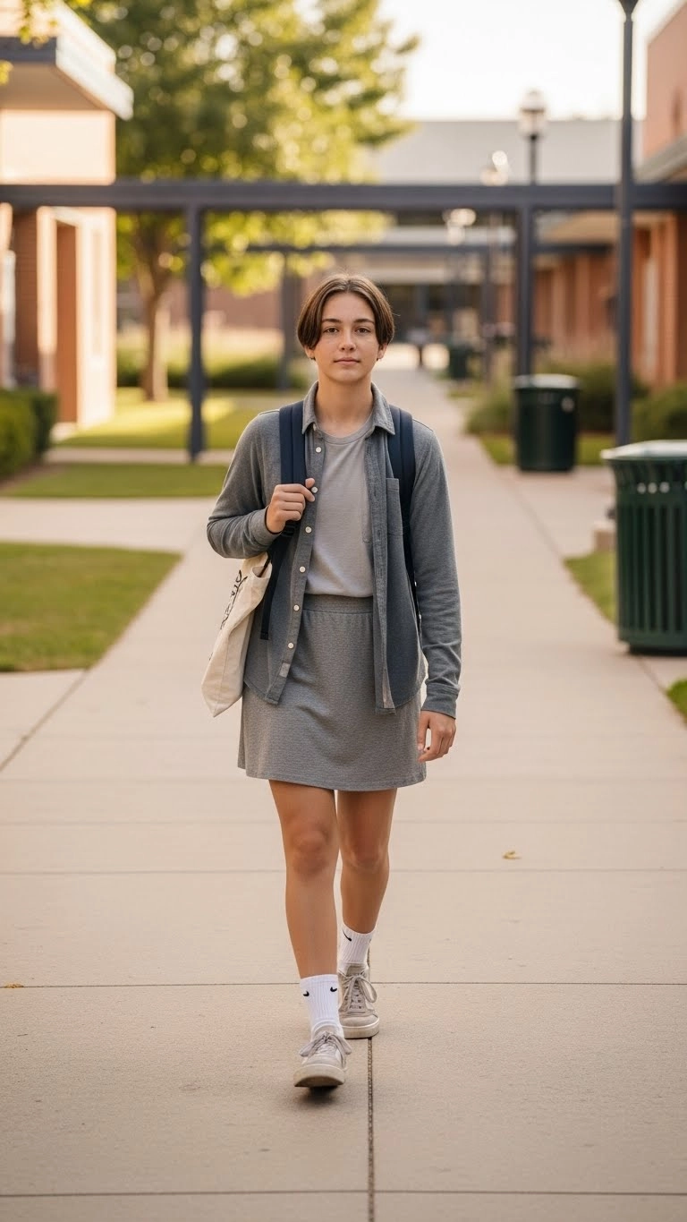 Teen student wearing a casual button-up with comfy shorts as part of relaxed back to school outfits on a school campus.