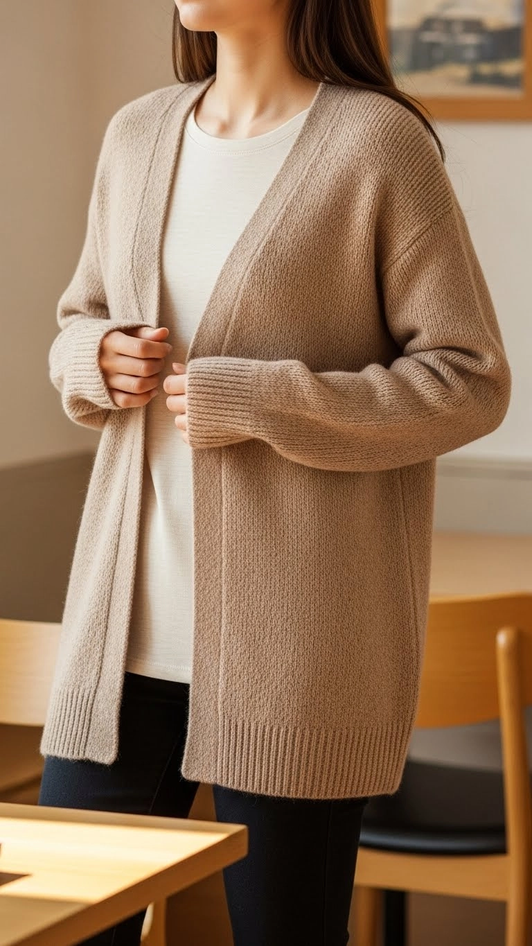 Woman wearing a cozy cardigan over a simple shirt indoors, showing stylish sweater outfits with light, adjustable layers.