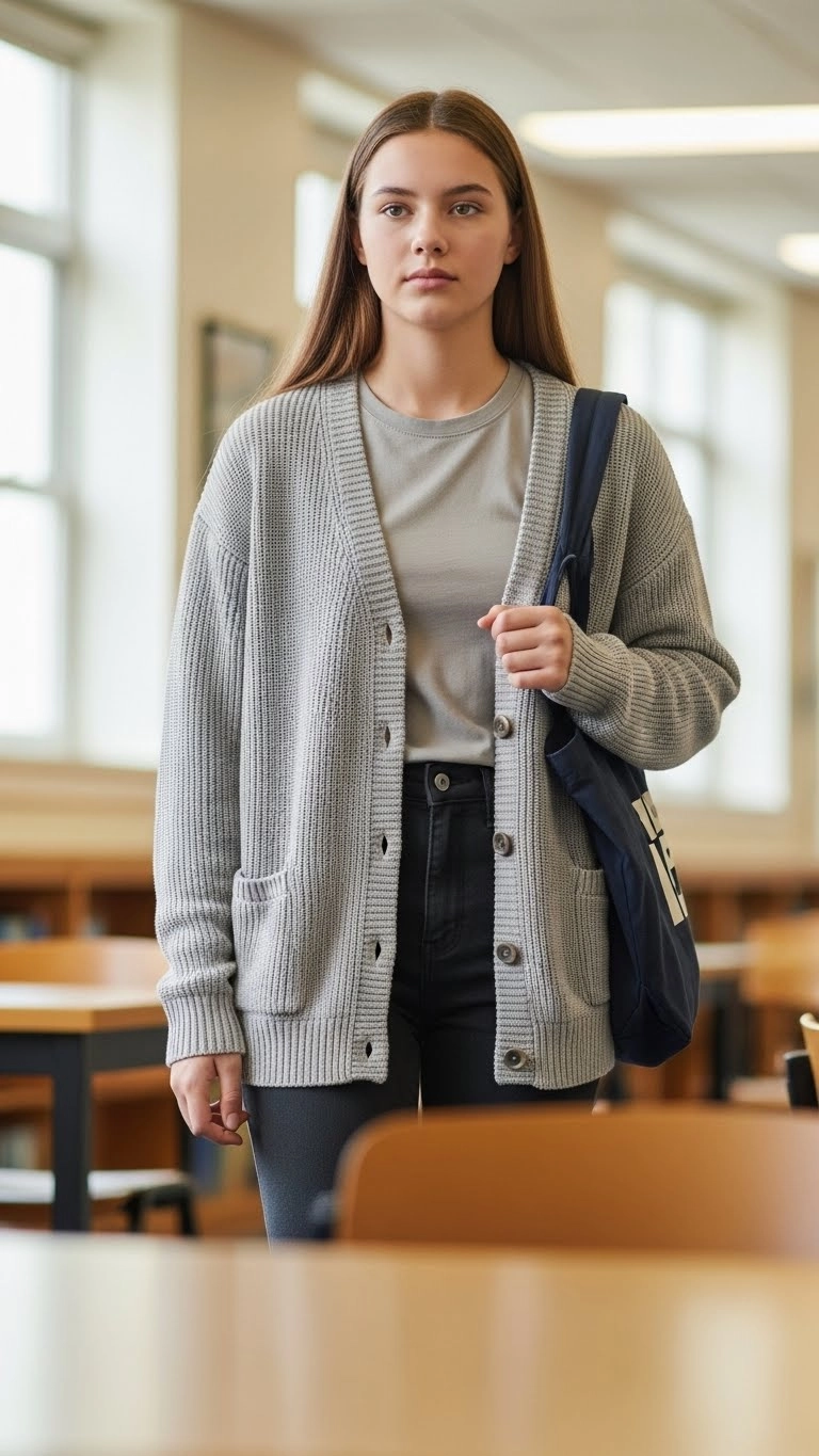 Student wearing a light cardigan over a basic tee with pants as part of relaxed and comfortable back to school outfits in a school setting.