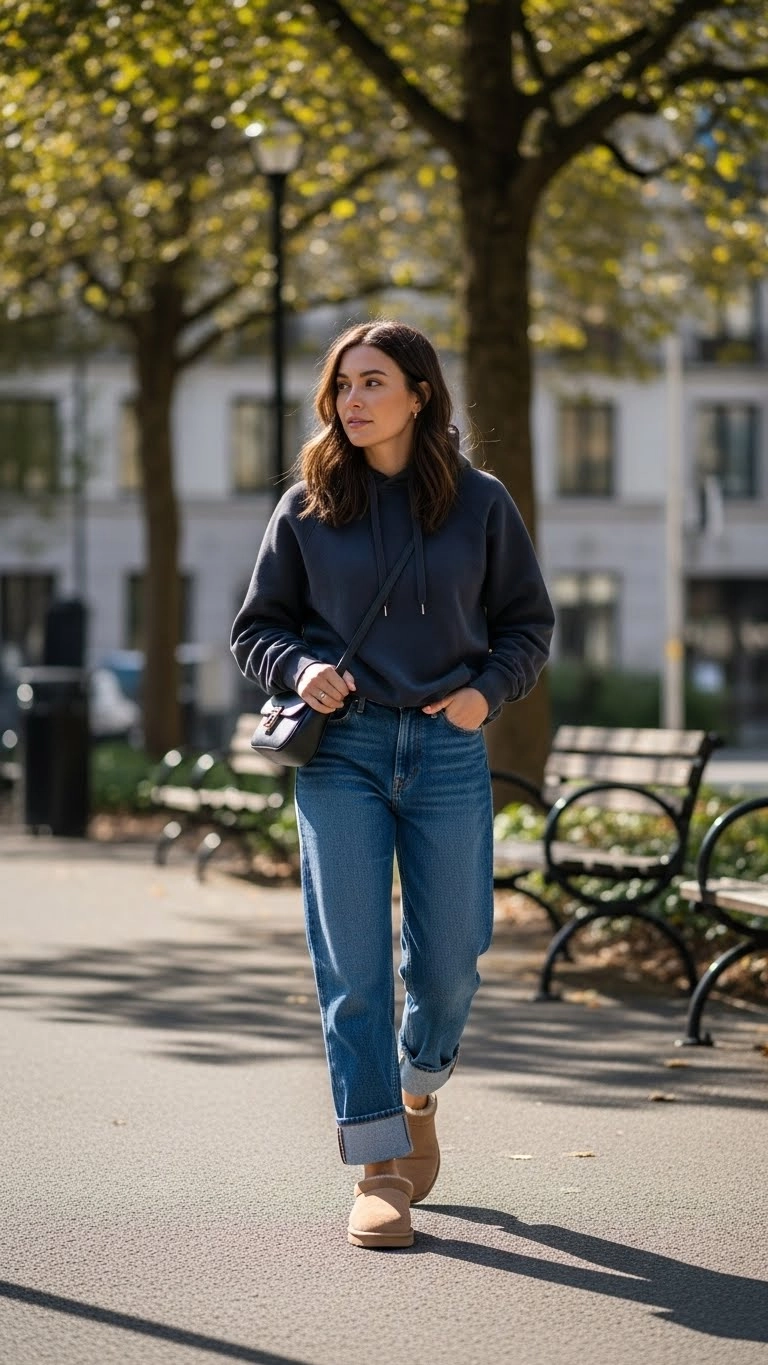 Woman wearing a casual Lowmel UGGs outfit with jeans and a hoodie walking outdoors in a park.
