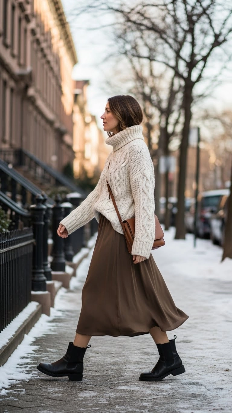 Chunky knit sweater and midi skirt styled as a cozy winter outfit 2025 women wear.