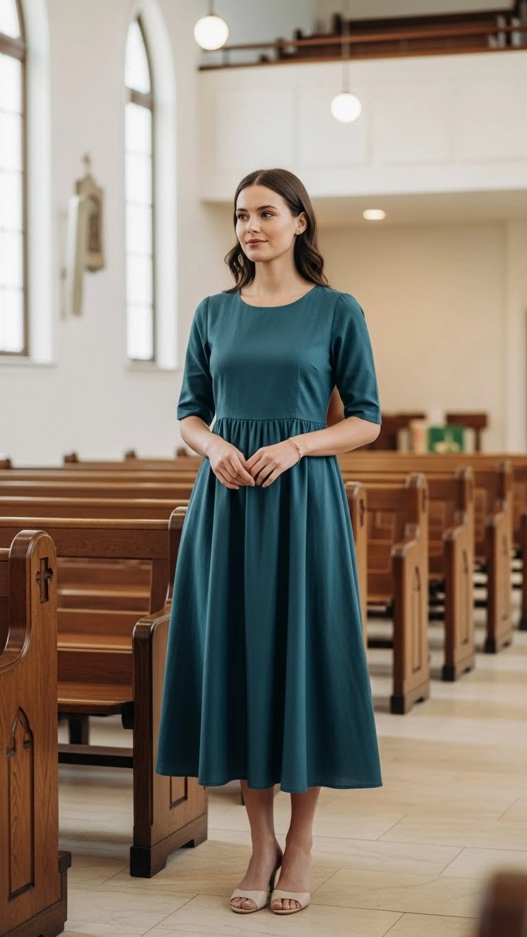 Woman wearing a classic midi dress as part of timeless church outfit ideas, styled modestly with soft structure for comfort and confidence during church service.