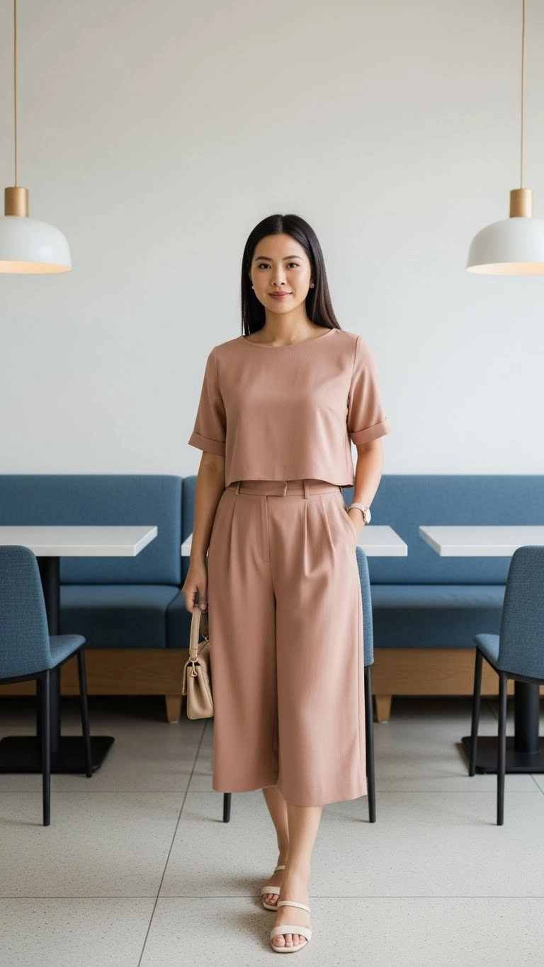 A woman wearing a matching co-ord set in a modern indoor space, showing neat and effortless birthday outfit ideas for women.