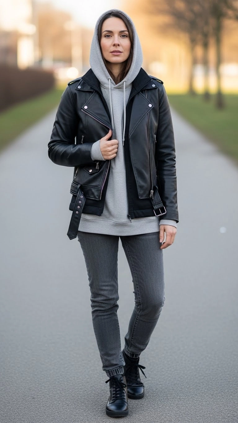 Woman wearing a leather jacket layered over a hoodie on a cool day, showing cold-weather leather jacket outfit ideas.