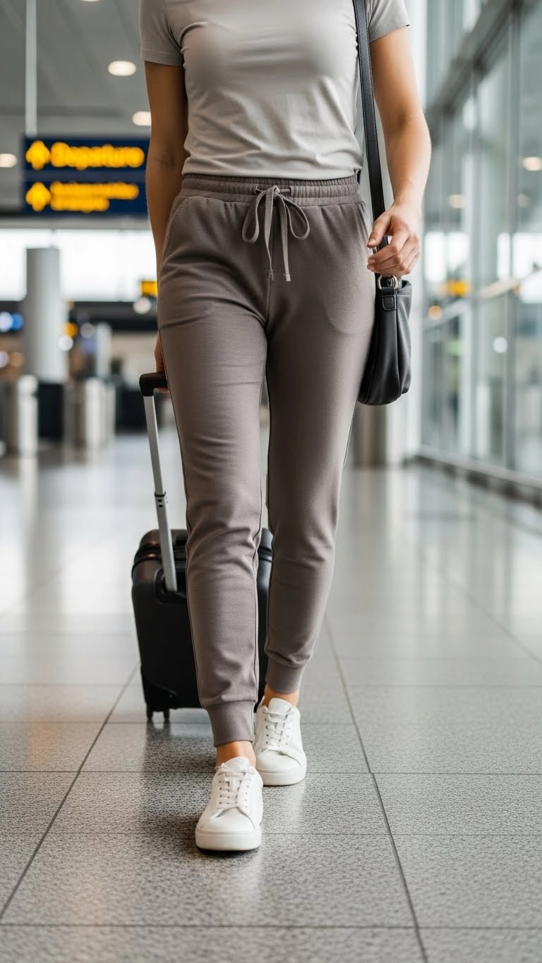 airport outfit with soft joggers, fitted tee, and clean sneakers worn by traveler walking through a modern airport terminal