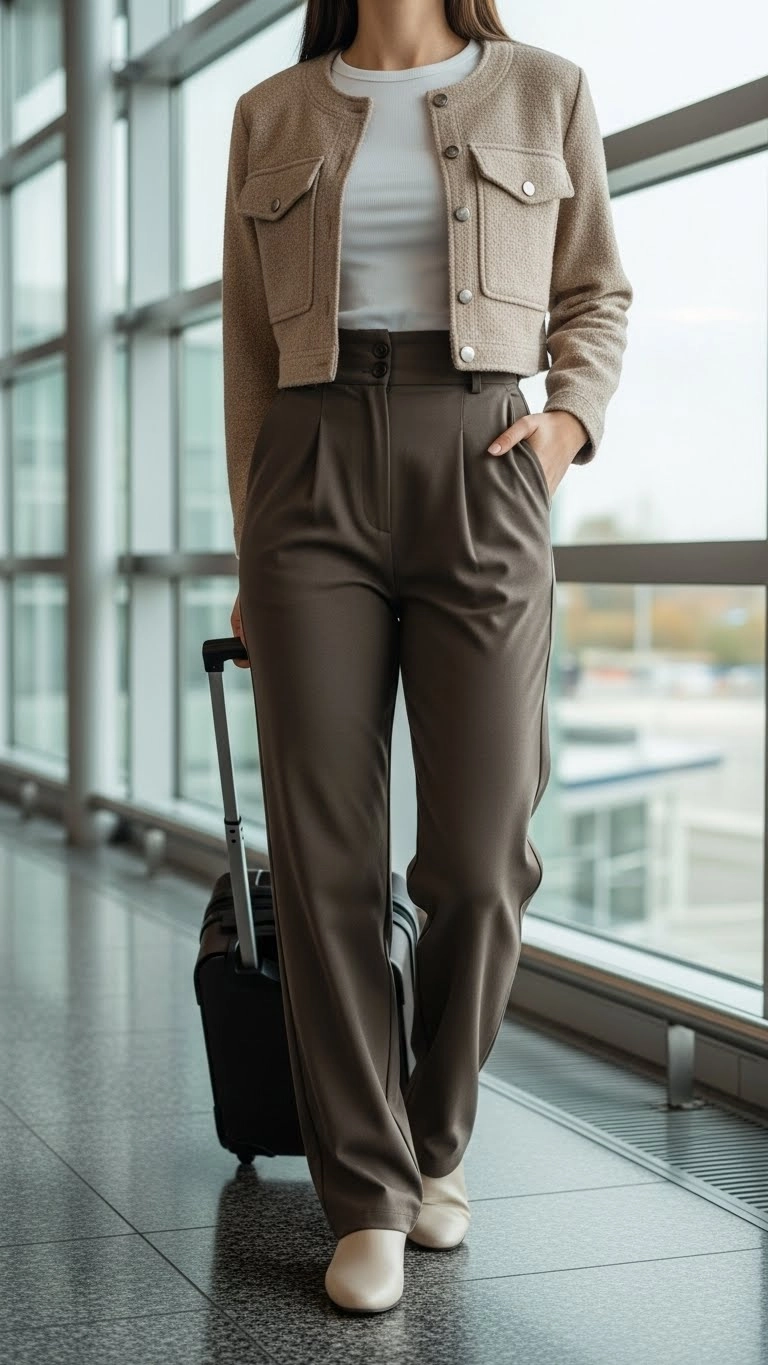 airport outfit with a cropped jacket and high-waisted pants worn by traveler inside a modern airport terminal