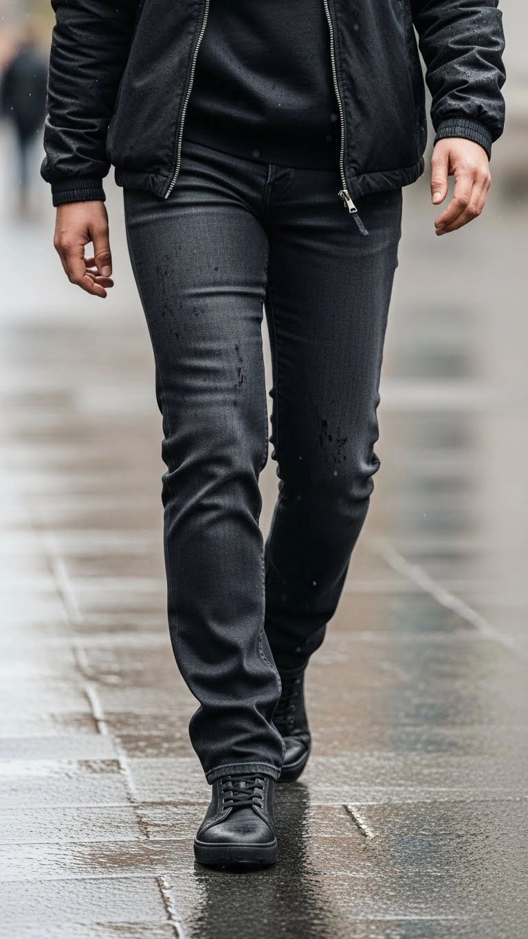 A person wearing dark jeans with a water-friendly finish as part of a rainy day outfit on a damp city street.
