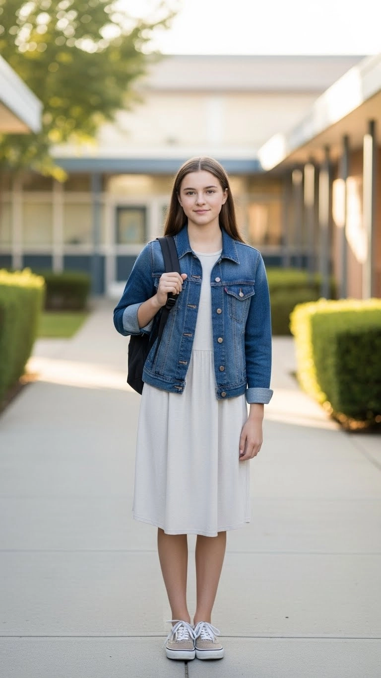 Student wearing a soft dress with a denim jacket as part of simple and comfortable back to school outfits on a school campus.