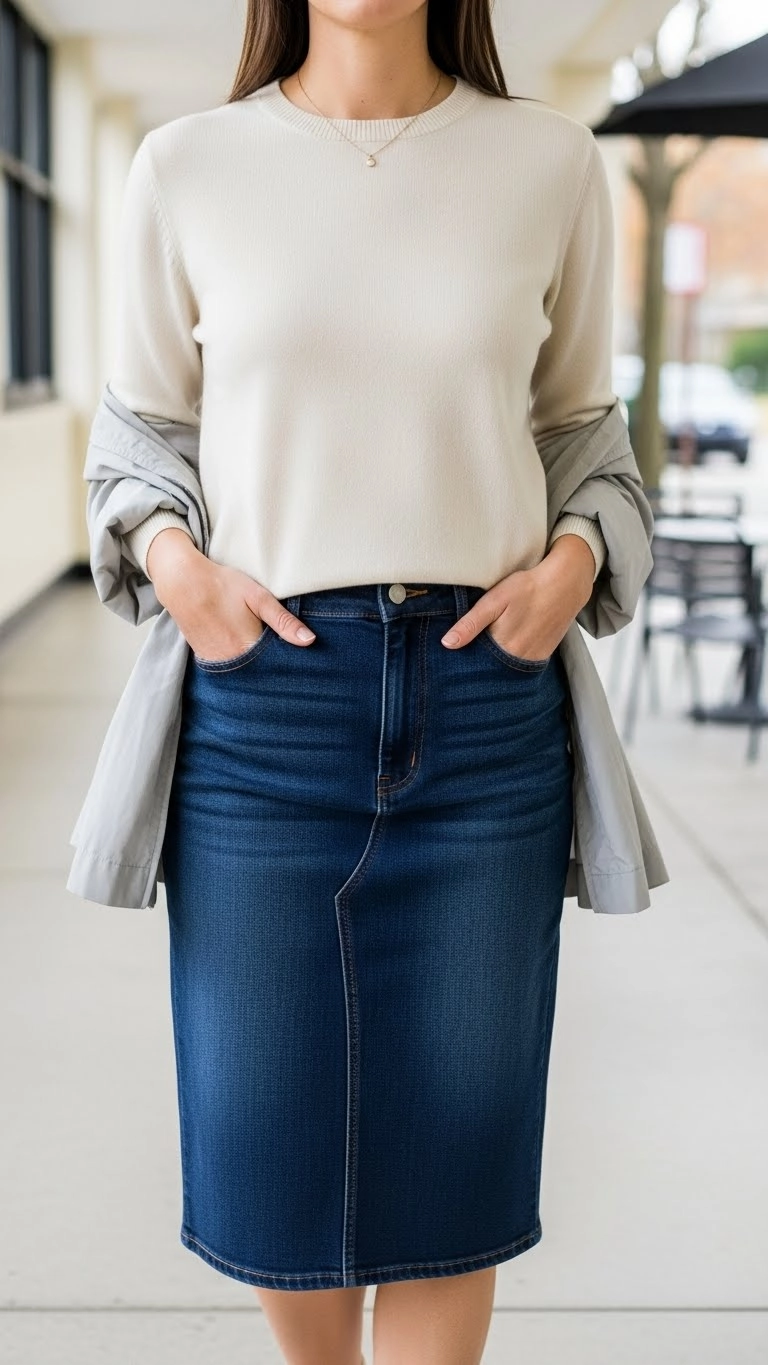 A woman wearing a light jacket with a denim skirt outdoors, showing practical and stylish denim skirt outfit ideas.